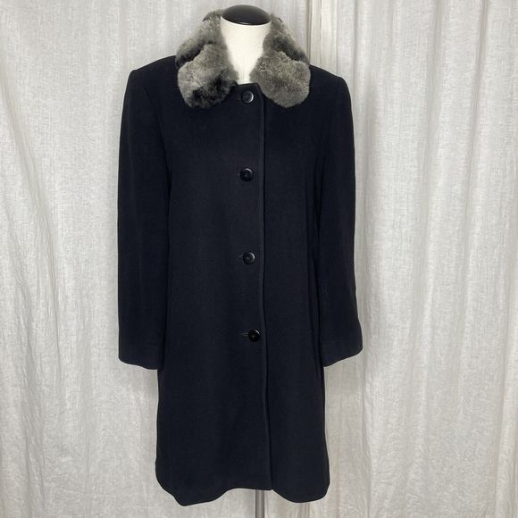 Wool Coat Womens 8 Black Lambswool Blend Fur Collar Forecaster of Boston Topcoat - Picture 1 of 15